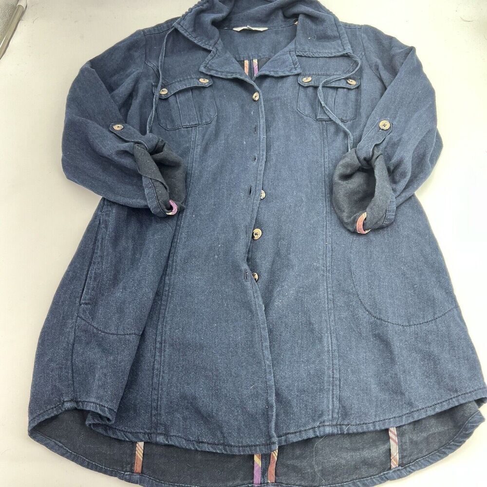 CAbi 340 Women's Size Medium Tunic Jacket Cotton Blue Denim Roll Tab Long Sleeve